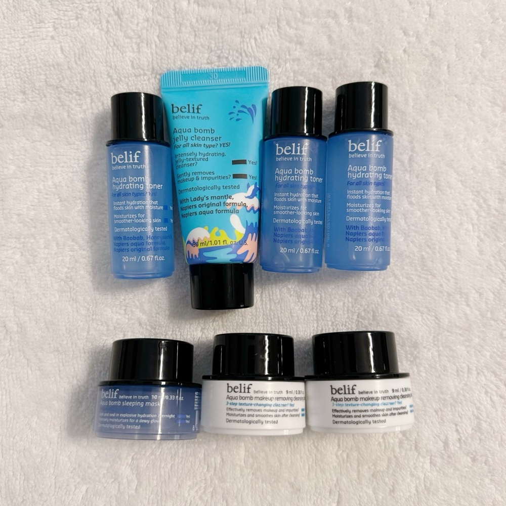 BELIF Aqua Bomb Toner, Cleanser, Sleeping Mask and Makeup Remover Balm Mini NWT